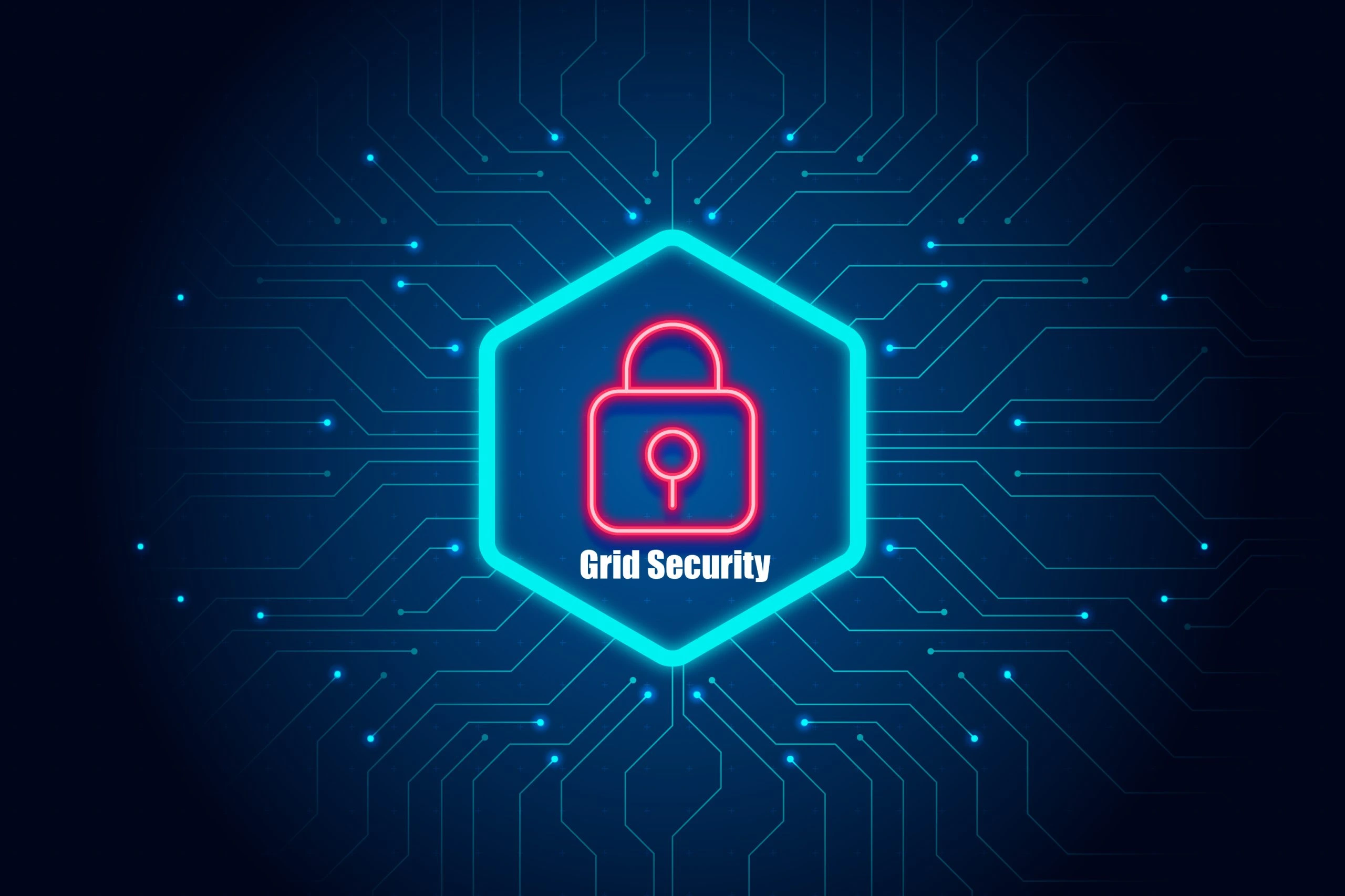 Grid Security illustration showing a power grid with security lock icons.